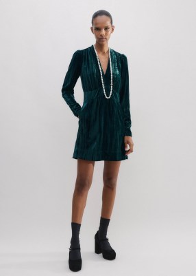 ME and EM Crush Velvet Mini Dress in Gable Green | plush long sleeve V-neck party dresses