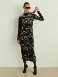 REISS Sonya Cut Out Abstract Print Velvet Dress Black – luxe long sleeve fitted evening dresses