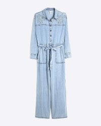 River Island Denim Cutwork Jumpsuit | blue collared tie waist cotton jumpsuits