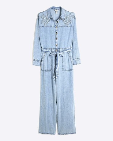 River Island Denim Cutwork Jumpsuit | blue collared tie waist cotton jumpsuits