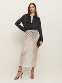 Reformation Jordan Low Waist Skirt in Diamond – sheer white column skirts – diaphanous clothing – see through evening fashion