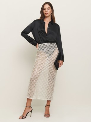 Reformation Jordan Low Waist Skirt in Diamond – sheer white column skirts – diaphanous clothing – see through evening fashion