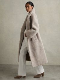 REISS Jett Double Breasted Long Shearling Coat in Neutral – women’s luxe longline winter coats