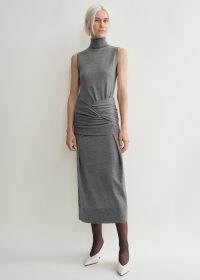 TOTEME Draped knit dress in grey melange ~ chic sleeveless high neck drape waist detail midi dresses ~ sophisticated clothing