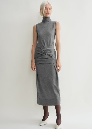 TOTEME Draped knit dress in grey melange ~ chic sleeveless high neck drape waist detail midi dresses ~ sophisticated clothing