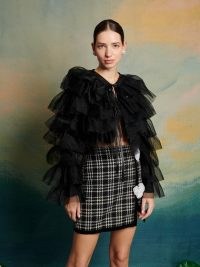 sister jane DREAM The Swan Dance Crane Tulle Ruffle Jacket in Crow Black ~ layered ruffled evening occasion jackets ~ women’s romantic party fashion