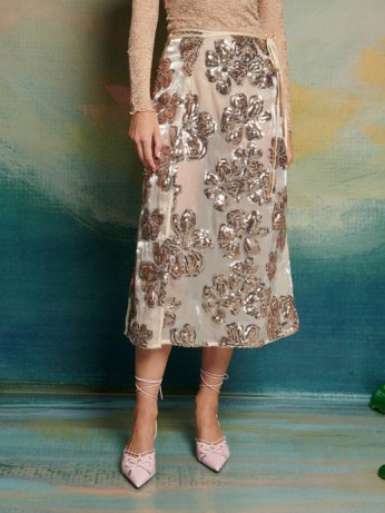 sister jane Giselle Sequin Wrap Skirt in Gold Nude ~ floral sequinned midi skirts ~ DREAM The Swan Dance