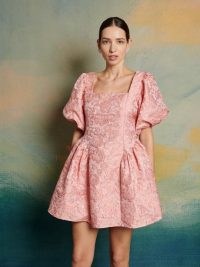 sister jane Recital Jacquard Mini Dress in Pink Peach ~ puff sleeve fit and flare dresses ~ romantic party fashion ~ DREAM The Swan Dance