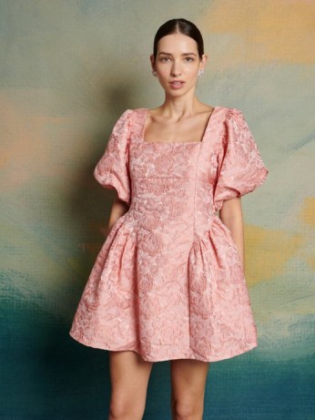 sister jane Recital Jacquard Mini Dress in Pink Peach ~ puff sleeve fit and flare dresses ~ romantic party fashion ~ DREAM The Swan Dance