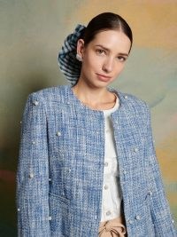 sister jane DREAM Victoria Pearl Jacket in Washed Blue ~ women’s embellished tweed jackets ~ The Swan Dance