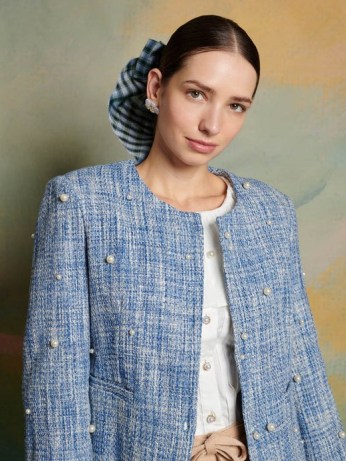 sister jane DREAM Victoria Pearl Jacket in Washed Blue ~ women’s embellished tweed jackets ~ The Swan Dance