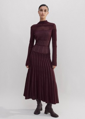 ME and EM Elevated Pointelle Knit Midi Dress in Deep Merlot / Smoke Pink | long sleeve high neck knitted dresses