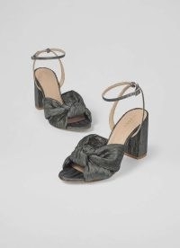 L.K. BENNETT Eliana Pewter Knotted Round Heel Formal Sandals ~ block heel knot detail ankle strap sandal ~ women’s metallic style fabric party shoes