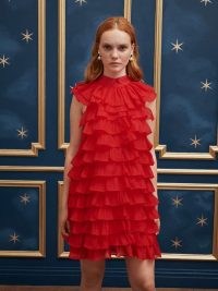 sister jane Before Midnight Elody Ruffle Mini Dress in Crmin Red ~ sleeveless high neck ruffle layered party dresses