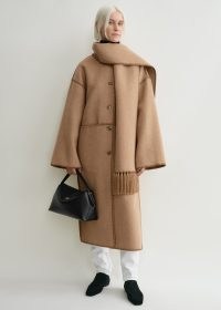 TOTEM Embroidered scarf coat in camel ~ women’s oversized light brown wool blend longline coats