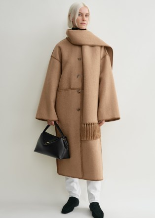 TOTEME Embroidered scarf coat in camel ~ women’s oversized light brown wool blend longline coats