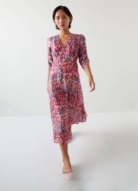 L.K. BENNETT Erin Petite Pink Multi Watercolour Floral Jacquard Dress ~ gathered sleeve fit and flare dresses