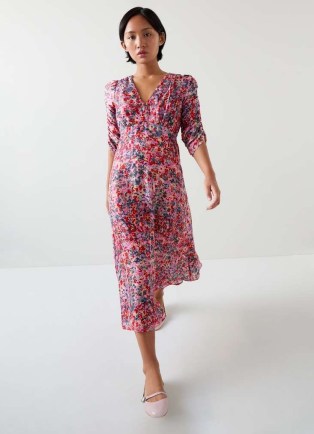 L.K. BENNETT Erin Petite Pink Multi Watercolour Floral Jacquard Dress ~ gathered sleeve fit and flare dresses