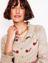 Boden Fae Embroidered Cardigan in Oatmeal Melange / pretty floral ruffle trimmed cardigans