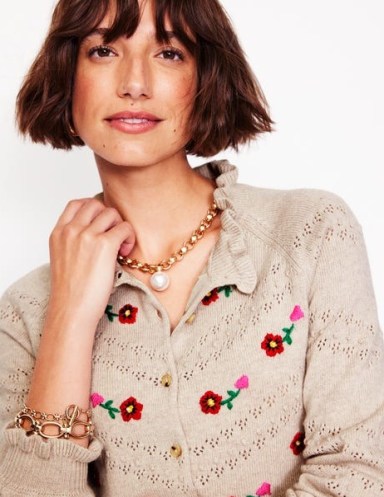 Boden Fae Embroidered Cardigan in Oatmeal Melange / pretty floral ruffle trimmed cardigans