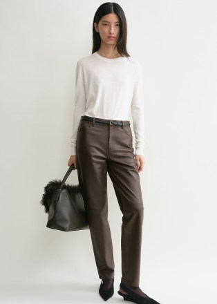 TOTEME Five-pocket leather trousers in bark ~ women’s chic brown straight leg trouser ~ womens luxe clothing