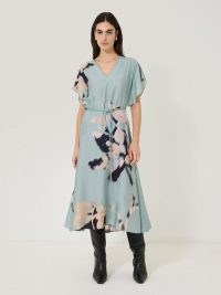 JIGSAW Floral Drift Silk Blend Dress in Blue / silky tie waist midi dresses