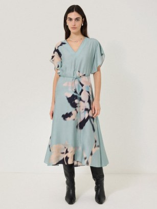 JIGSAW Floral Drift Silk Blend Dress in Blue / silky tie waist midi dresses