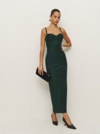 Reformation Stormi Dress in Forest – fitted dark green strappy ruched bust maxi dresses – beautiful evening fashion – chic event clothes – understated occasion glamour – sophisticated party look