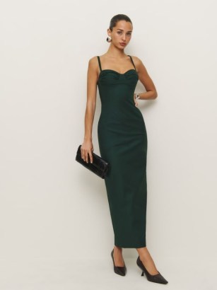 Reformation Stormi Dress in Forest – fitted dark green strappy ruched bust maxi dresses – beautiful evening fashion – chic event clothes – understated occasion glamour – sophisticated party look