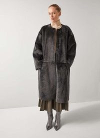 L.K. BENNETT Gil Grey Black Premium Sheepskin Coat ~ luxe collarless winter coats