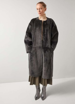 L.K. BENNETT Gil Grey Black Premium Sheepskin Coat ~ luxe collarless winter coats