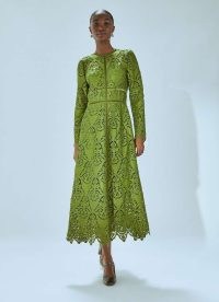 L.K. BENNETT Gracie Moss Green Velvet Trimmed Lace Dress ~ long sleeve fit and flare cutwork detail evening dresses