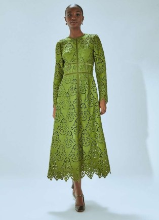 L.K. BENNETT Gracie Moss Green Velvet Trimmed Lace Dress ~ long sleeve fit and flare cutwork detail evening dresses