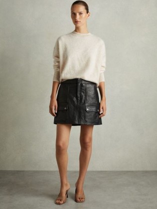 REISS Parker Grained-Leather High-Rise Mini Skirt Black ~ luxury short length A-line skirts ~ retro style fashion ~ vintage inspired clothing