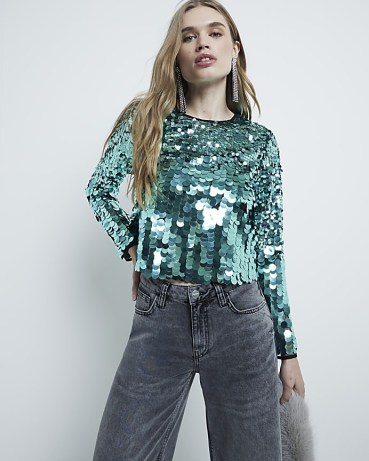 RIVER ISLAND Green Premium Sequin Top ~ glittering long sleeve tops ~ sequinned fashion