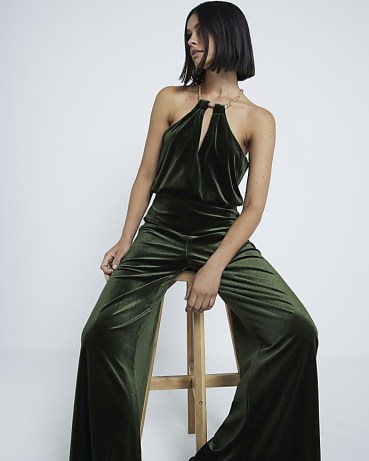 RIVER ISLAND Green Velvet Halter Neck Jumpsuit ~ plush chain halterneck detail jumpsuits ~ all-in-one evening fashion