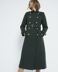 River Island Green Wool Blend Button Detail Trench Coat | women’s longline belted military style winter coats