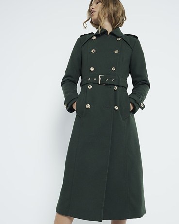 River Island Green Wool Blend Button Detail Trench Coat | women’s longline belted military style winter coats