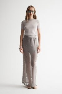 Elka Collective Hazel Skirt Stone – sheer embellished column skirts – mesh fabric clothing