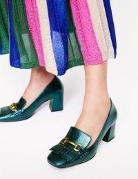 Boden Iris Ghillie Heeled Loafers in Ponderosa Pine / shiny green metallic coated leather block heel loafer