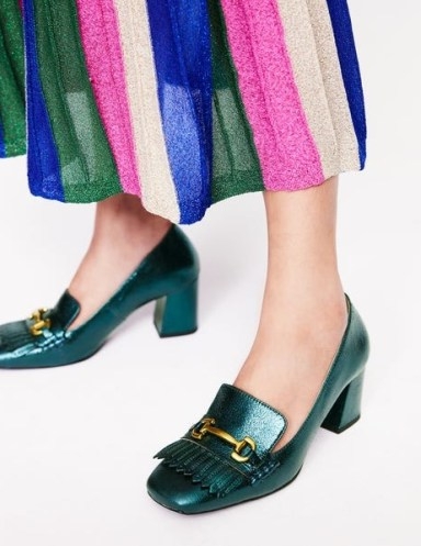 Boden Iris Ghillie Heeled Loafers in Ponderosa Pine / shiny green metallic coated leather block heel loafer