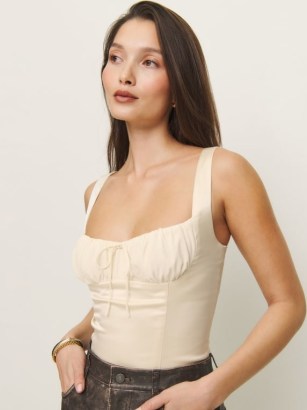 Reformation Odessa Satin Top inIvory – sleeveless fitted ruched bust tops