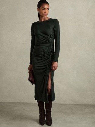 REISS Rosie Jersey Ruched Midi Dress in Dark Green – chic long sleeve gathered detail bodycon dresses