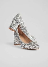 L.K. BENNETT Juliette Silver High Heel Grosgrain Ballerina Court ~ sequinned courts ~ metallic sequin covered block heel shoes ~ glittering occasion footwear