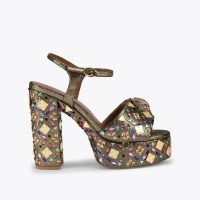 Kurt Geiger London kensington platform heel in Gold Combination – chunky jewelled platforms – jewel embellished block heel sandals