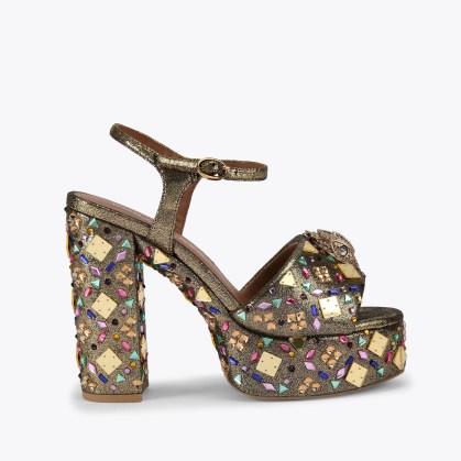 Kurt Geiger London kensington platform heel in Gold Combination – chunky jewelled platforms – jewel embellished block heel sandals