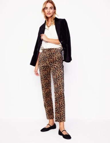 Boden Kew Velvet Trousers in Leopard, Black Side Stripe / women’s glam animal print trouser