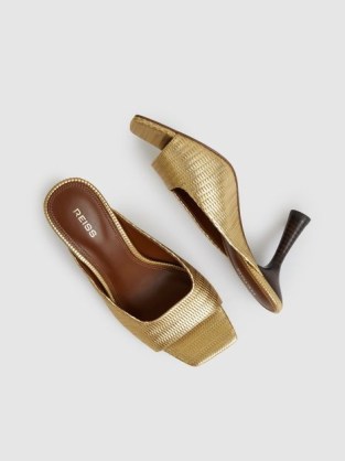 REISS Justine Leather Heeled Mules Gold – luxe metallic square toe mule