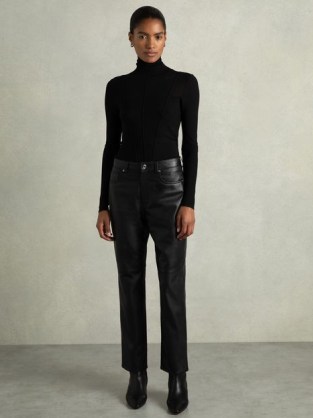 REISS Verona Leather Slim-Leg Trousers Black ~ women’s luxe pants