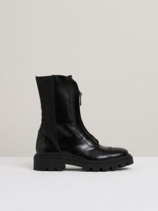 Reiss Sophie Leather Zip-Front Ankle Boots in Black | women’s chunky lug sole winter boot